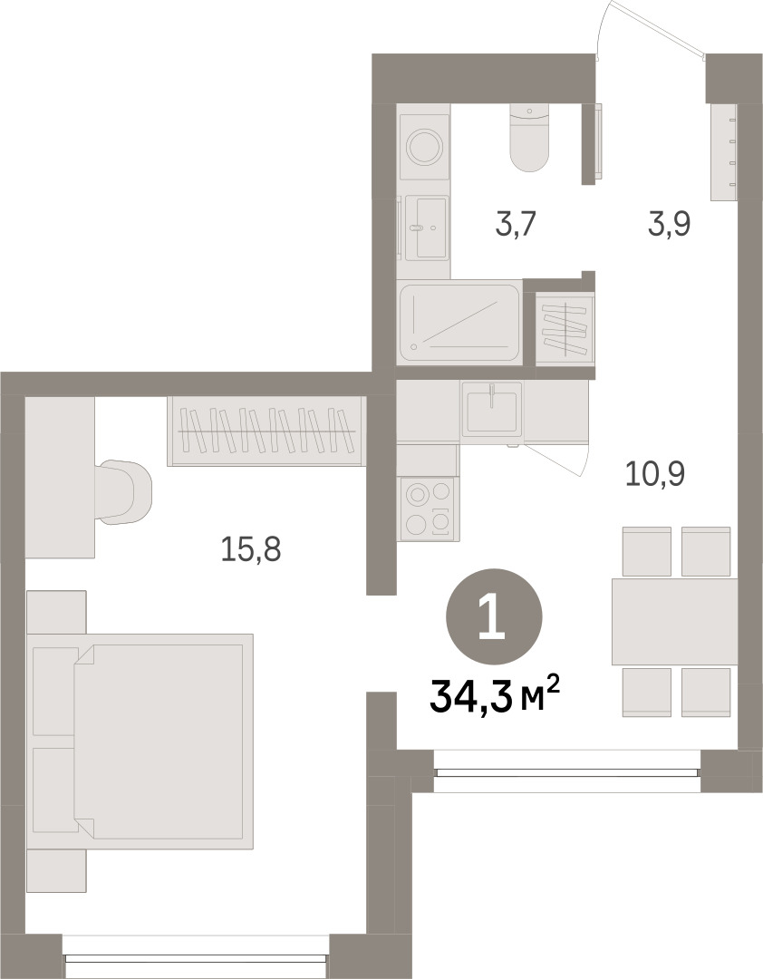 Планировка: 1-комнатная 34.3 м² в ЖК Речной порт, Центр: Дом печати