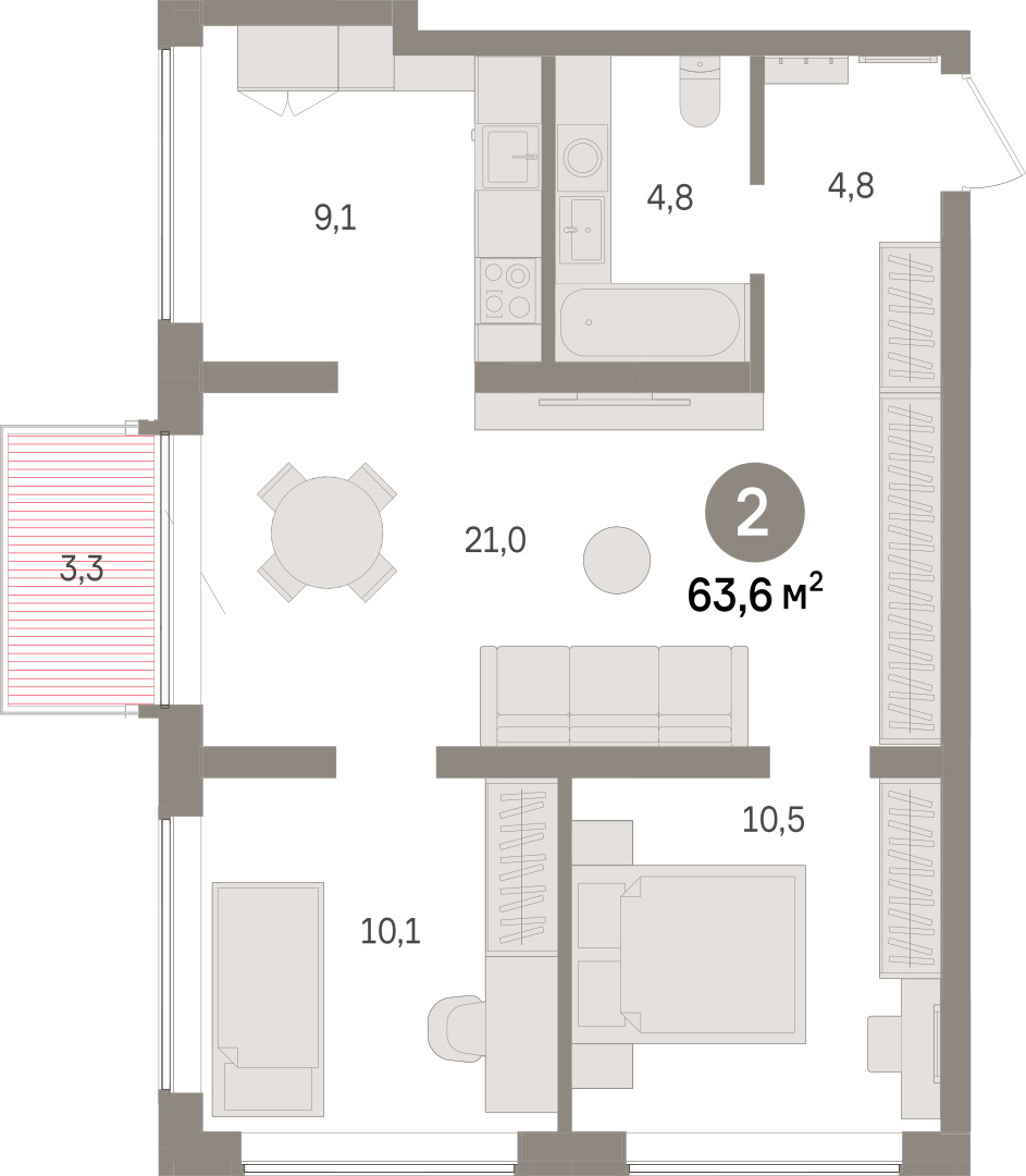Планировка: Евротрешка 63.6 м² в ЖК Речной порт, Центр: Дом печати