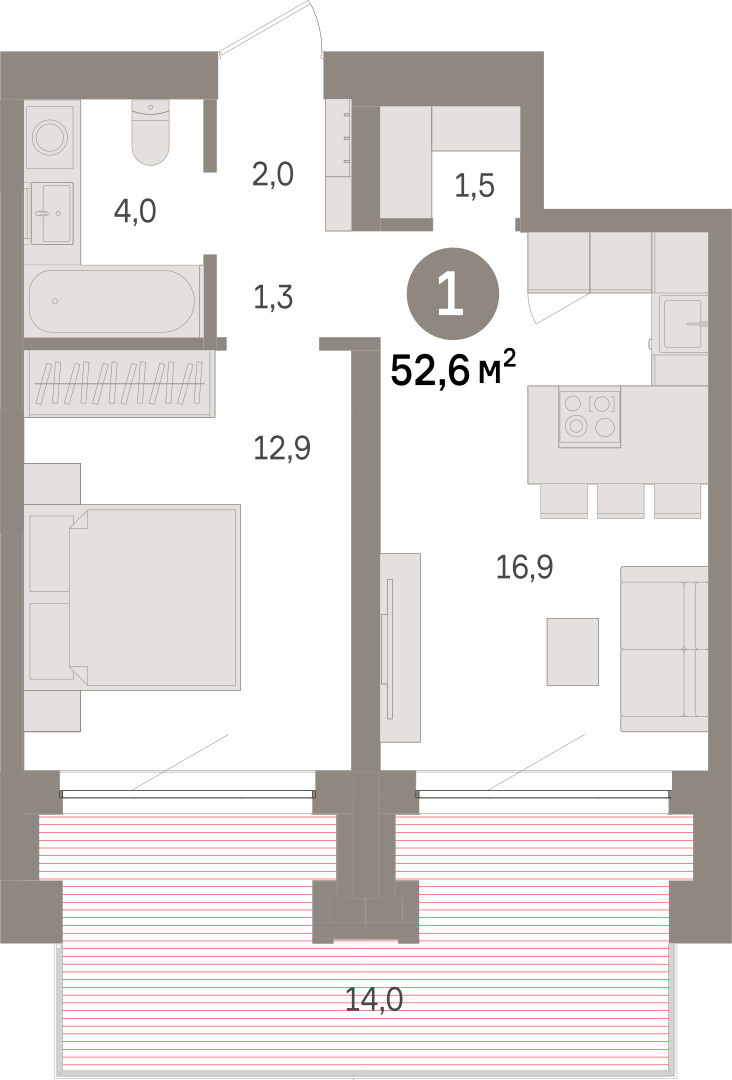Планировка: 1-комнатная 52.6 м² в ЖК Речной порт, Центр: Дом печати