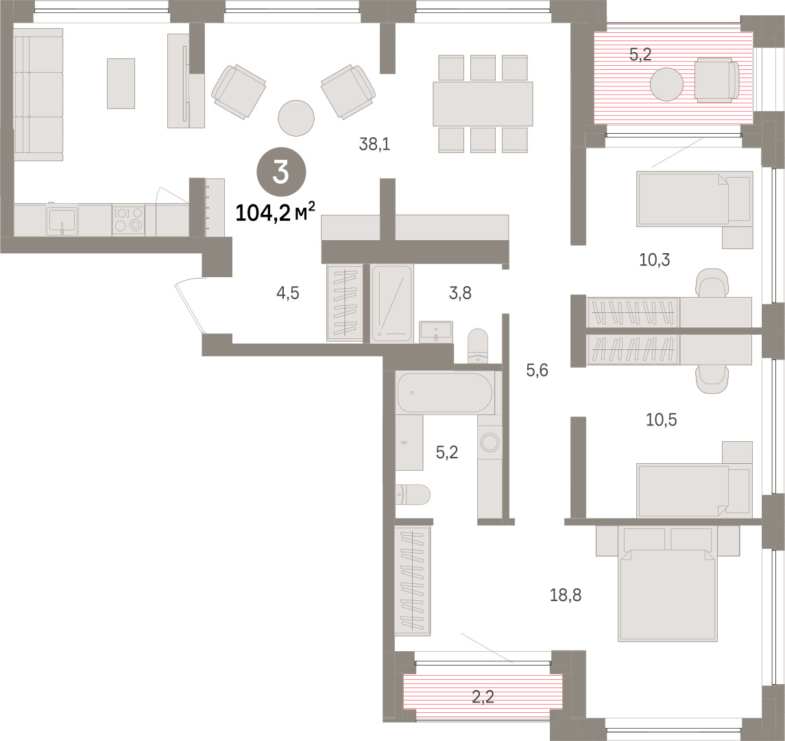 Планировка: 4-комнатная евро 104.2 м² в ЖК Речной порт, Центр: Дом печати