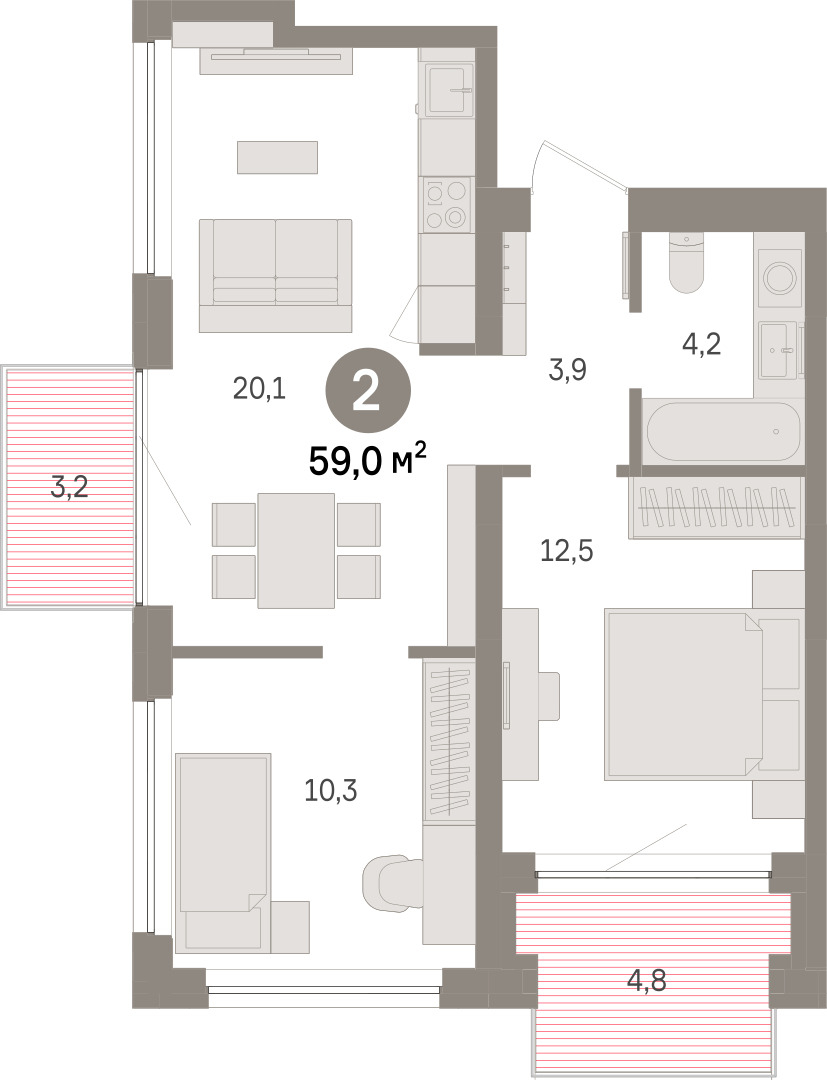 Планировка: Евротрешка 59 м² в ЖК Речной порт, Центр: Дом печати