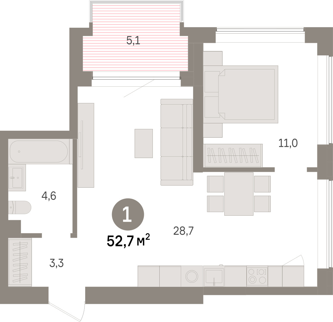 Планировка: 1-комнатная 52.7 м² в ЖК Речной порт, Центр: Дом печати
