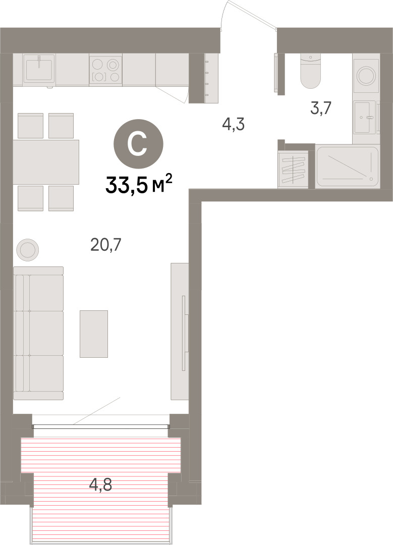 Планировка: Студия 33.5 м² в ЖК Речной порт, Центр: Дом печати