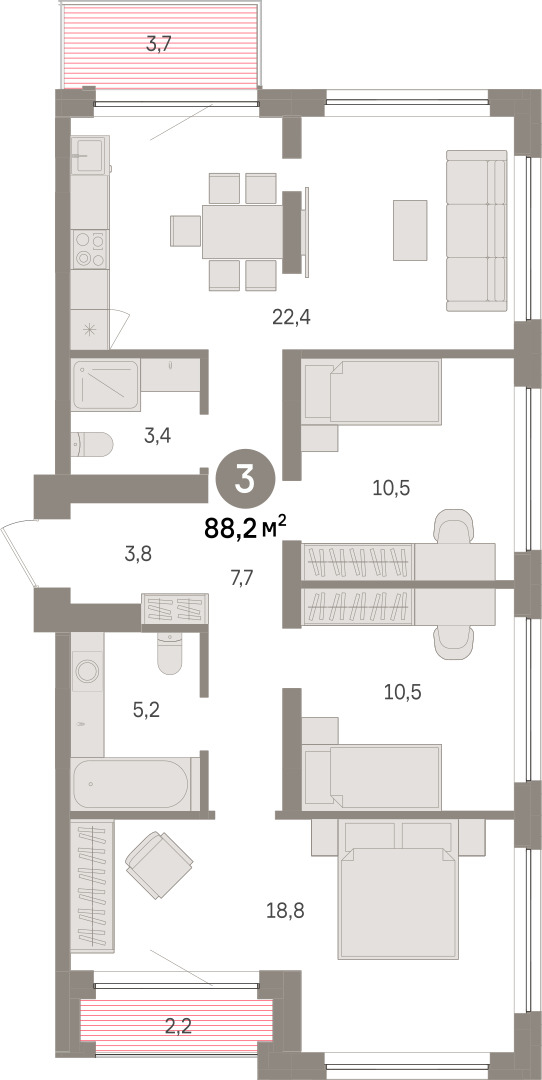 Планировка: 4-комнатная евро 88.2 м² в ЖК Речной порт, Центр: Дом печати
