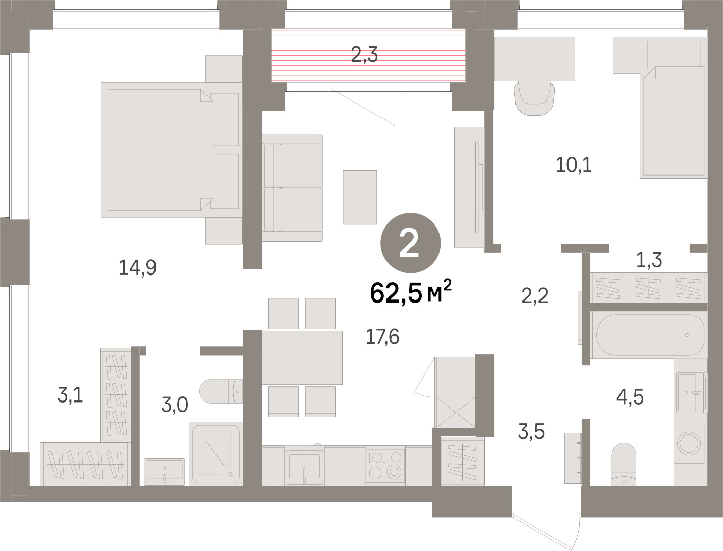 Планировка: Евротрешка 62.5 м² в ЖК Речной порт, Центр: Дом печати