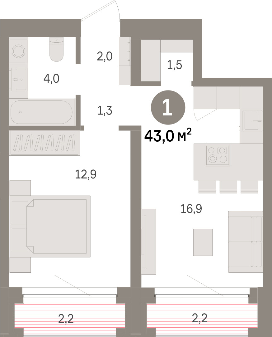 Планировка: Евродвушка 43 м² в ЖК Речной порт, Центр: Дом печати