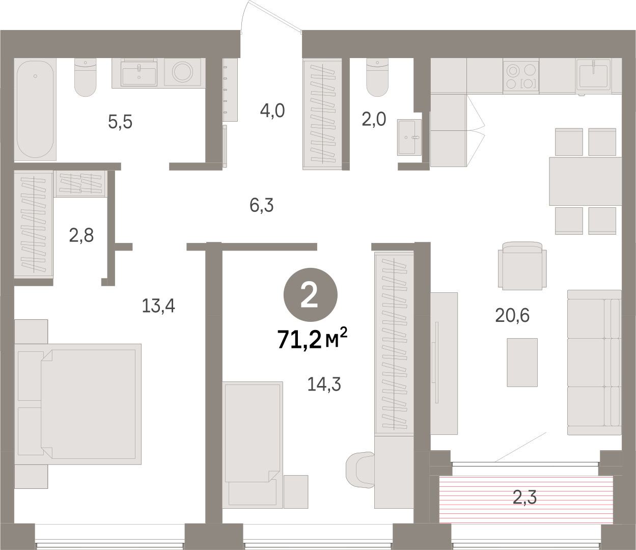 Планировка: Евротрешка 71.2 м² в ЖК Речной порт, Центр: Дом печати