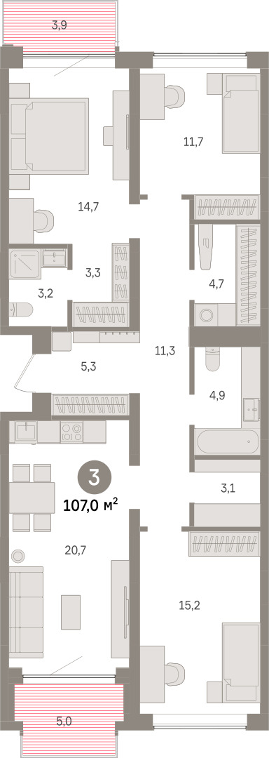 Планировка: 3-комнатная 107 м² в ЖК Речной порт, Центр: Дом печати