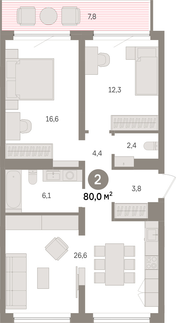 Планировка: Евротрешка 80 м² в ЖК Речной порт, Центр: Дом печати