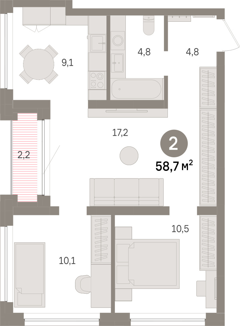 Планировка: 2-комнатная 58.7 м² в ЖК Речной порт, Центр: Дом печати