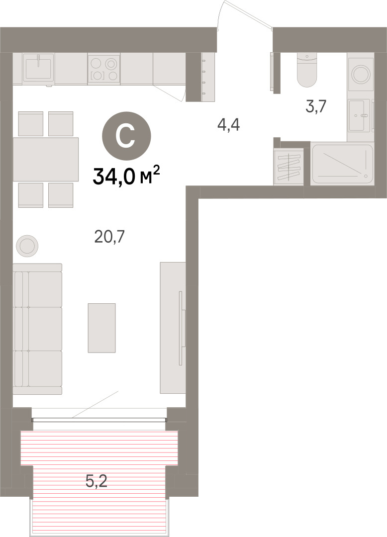 Планировка: Студия 34 м² в ЖК Речной порт, Центр: Дом печати