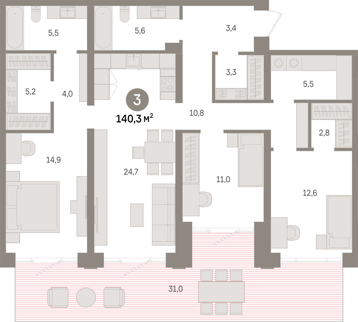 Планировка: 4-комнатная евро 140.3 м² в ЖК Речной порт, Центр: Дом печати