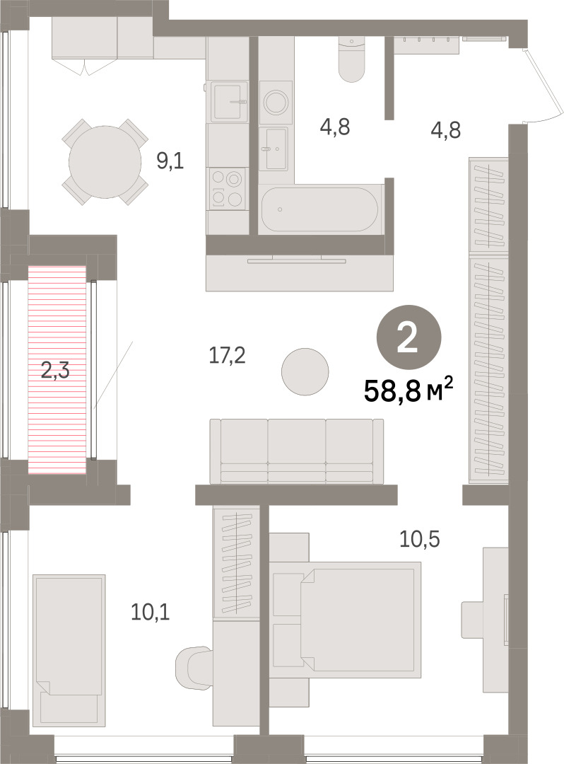 Планировка: 2-комнатная 58.8 м² в ЖК Речной порт, Центр: Дом печати
