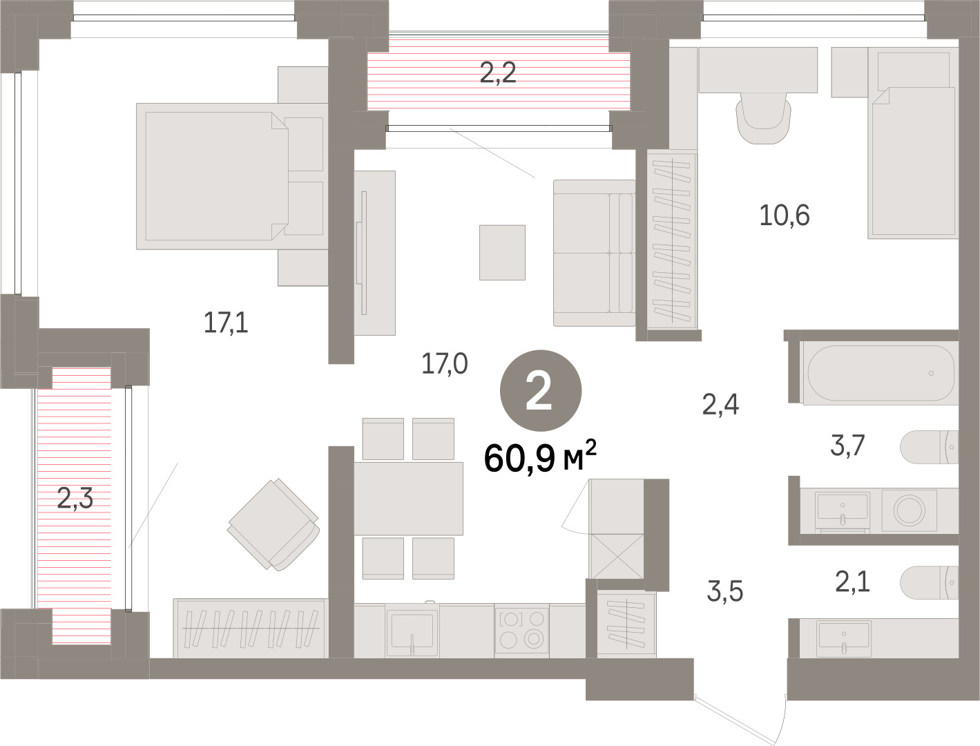 Планировка: Евротрешка 60.9 м² в ЖК Речной порт, Центр: Дом печати