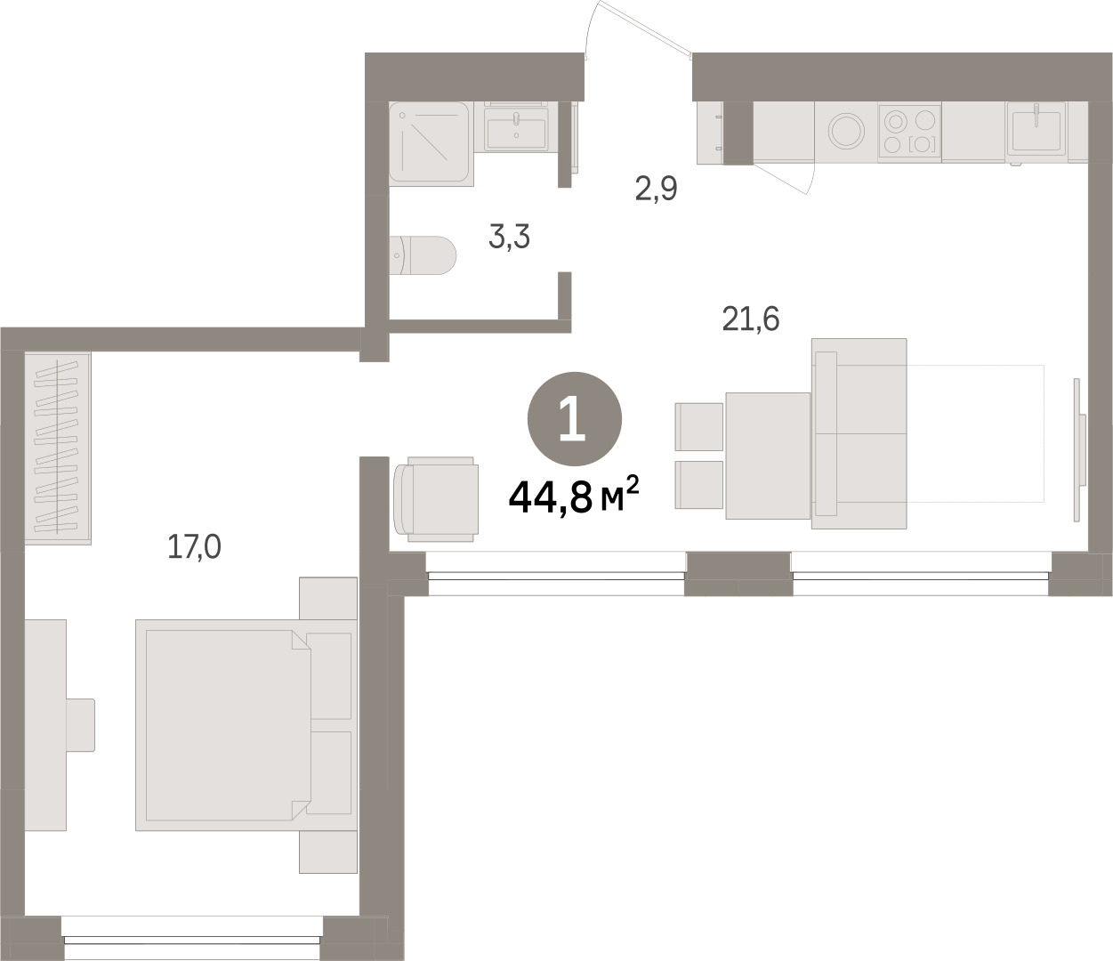 Планировка: 1-комнатная 44.8 м² в ЖК Речной порт, Центр: Дом печати