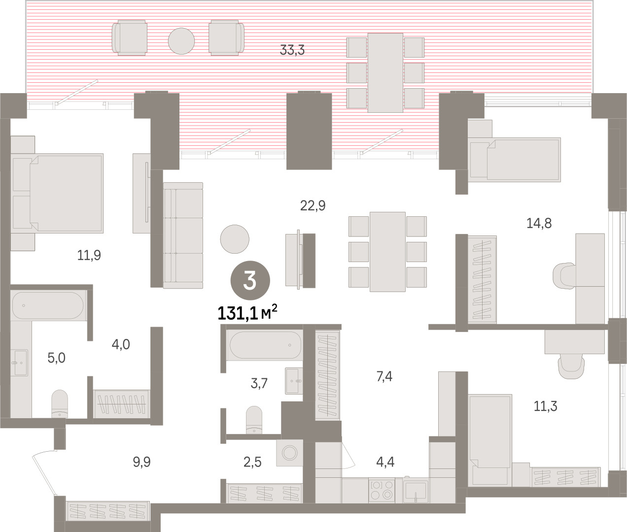 Планировка: 4-комнатная евро 131.1 м² в ЖК Речной порт, Центр: Дом печати