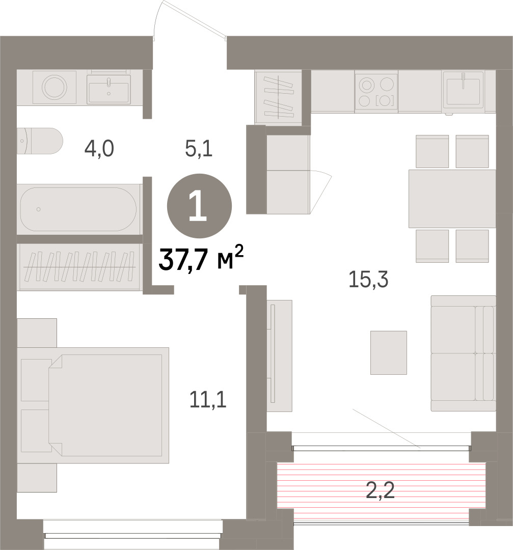 Планировка: Евродвушка 37.7 м² в ЖК Речной порт, Центр: Дом печати