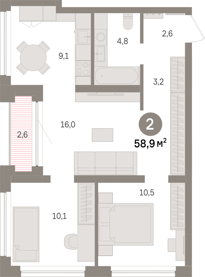 Планировка: 2-комнатная 58.9 м² в ЖК Речной порт, Центр: Дом печати