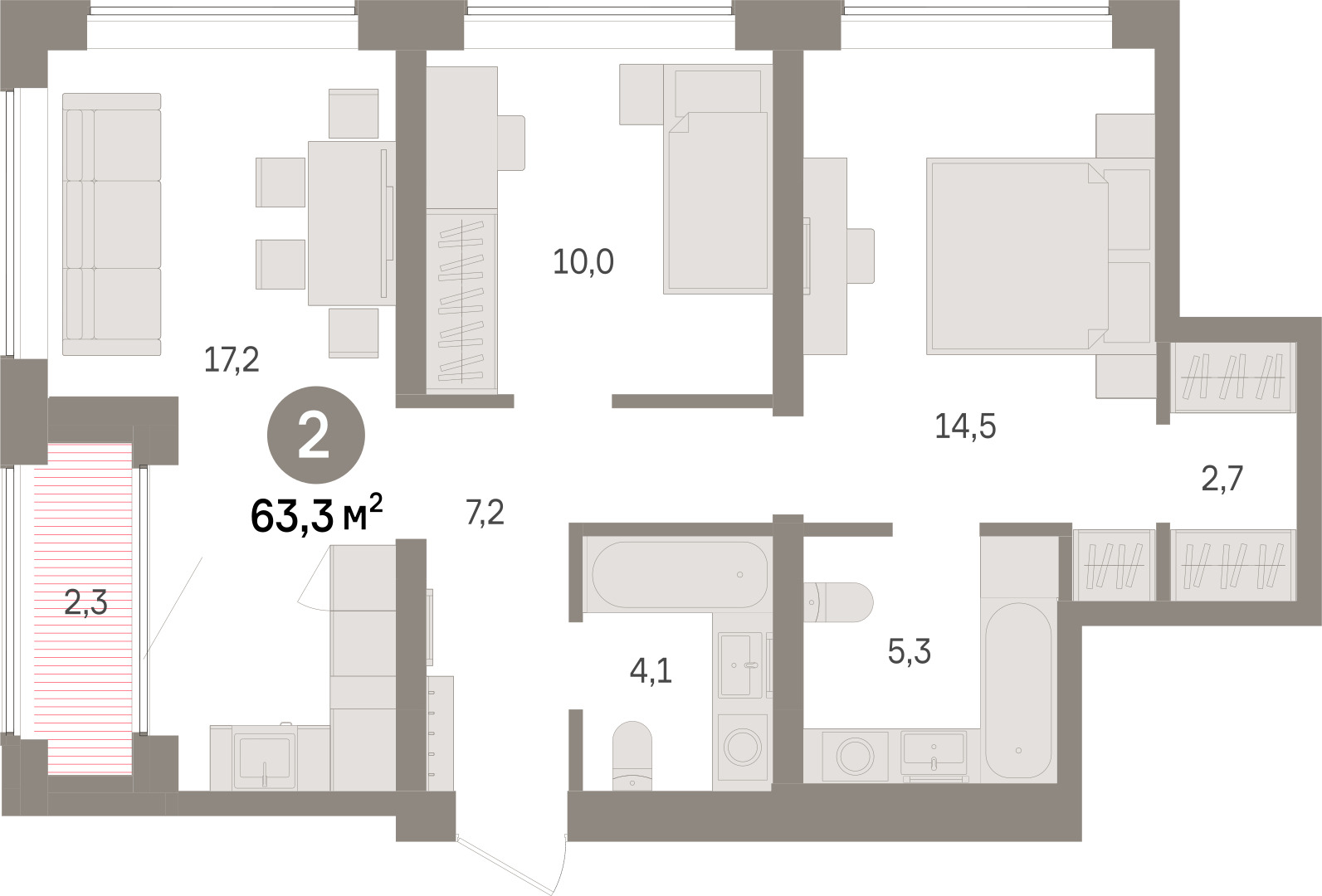 Планировка: Евротрешка 63.3 м² в ЖК Речной порт, Центр: Дом печати