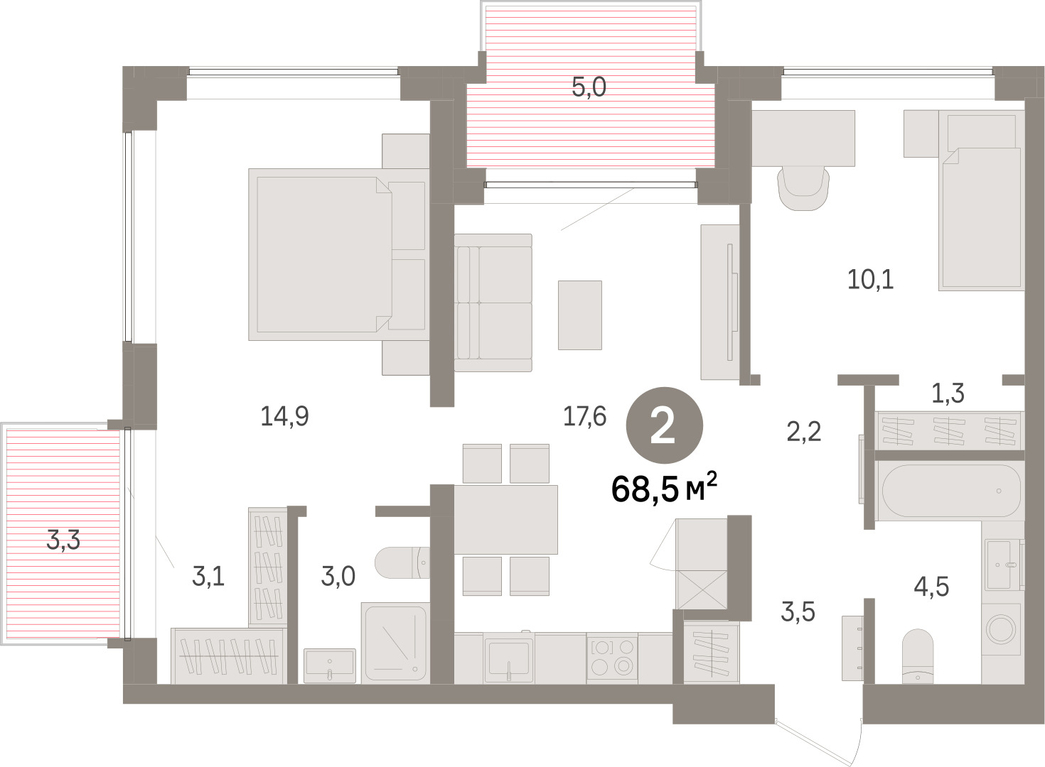 Планировка: Евротрешка 68.5 м² в ЖК Речной порт, Центр: Дом печати