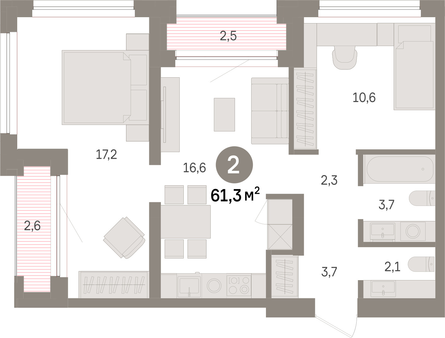 Планировка: Евротрешка 61.3 м² в ЖК Речной порт, Центр: Дом печати