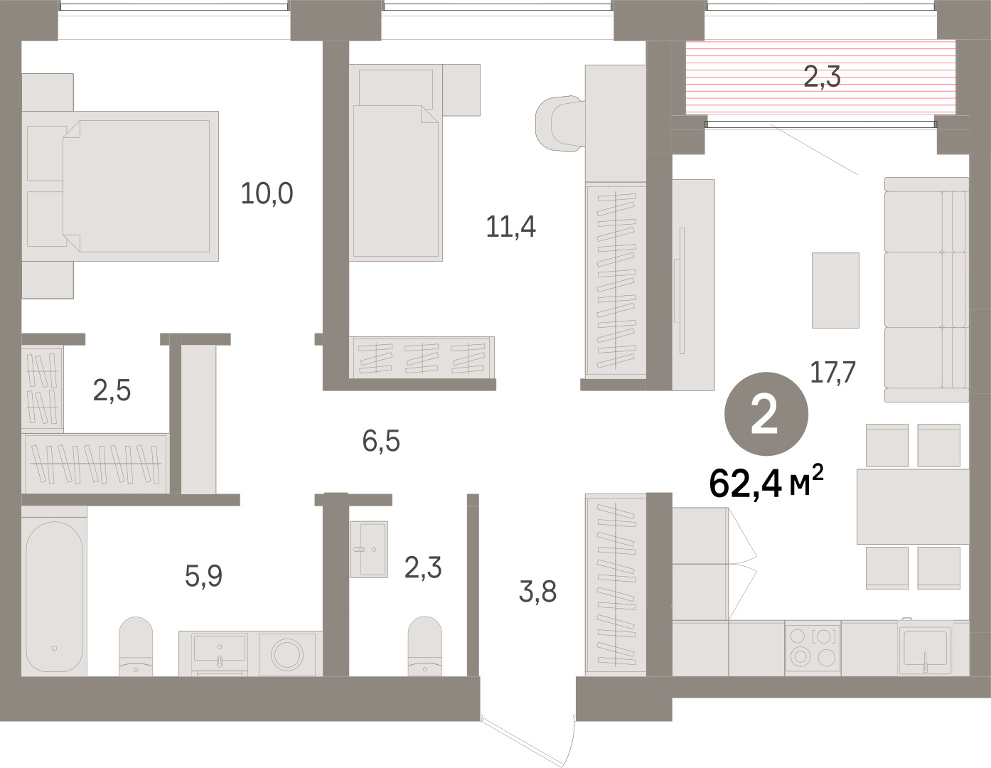 Планировка: 2-комнатная 62.4 м² в ЖК Речной порт, Центр: Дом печати