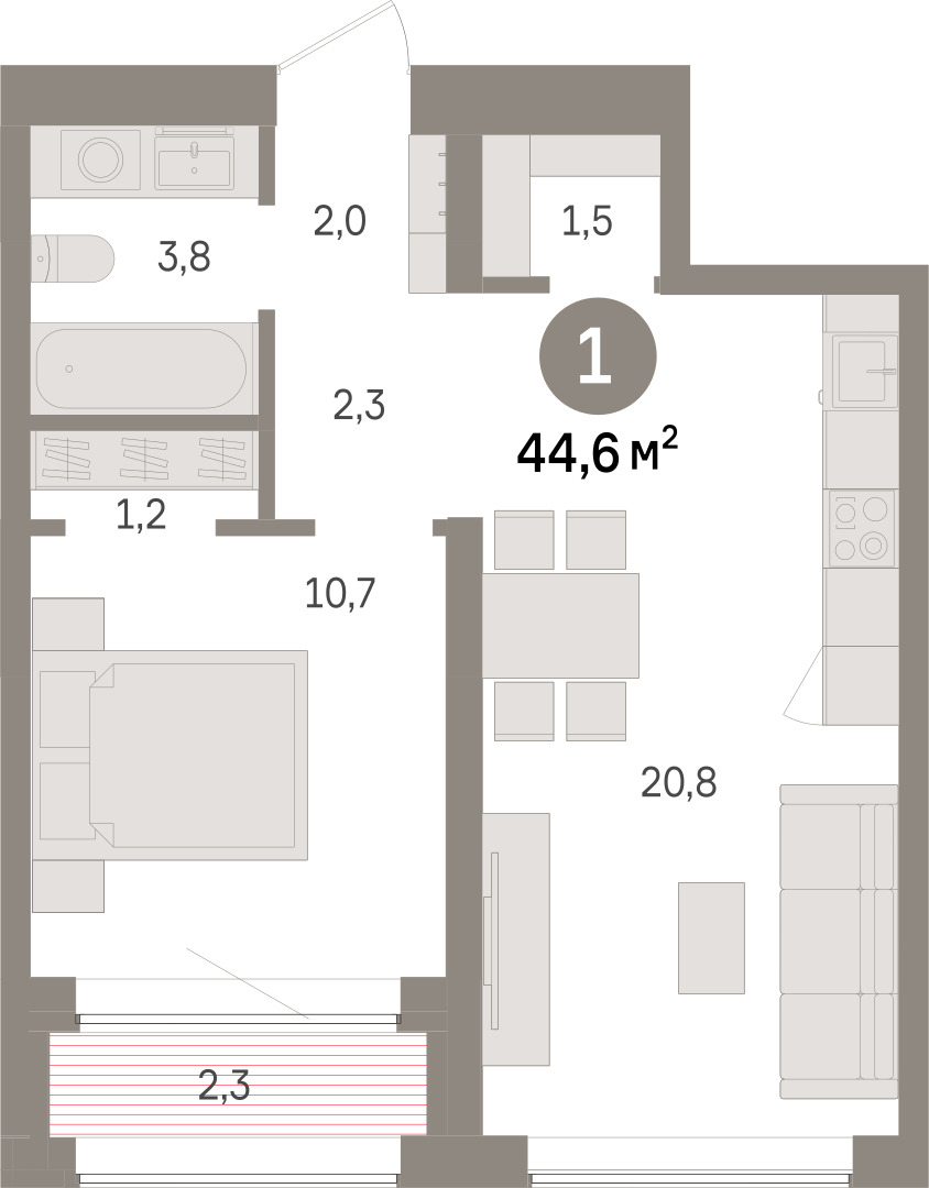 Планировка: 1-комнатная 44.6 м² в ЖК Речной порт, Центр: Дом печати