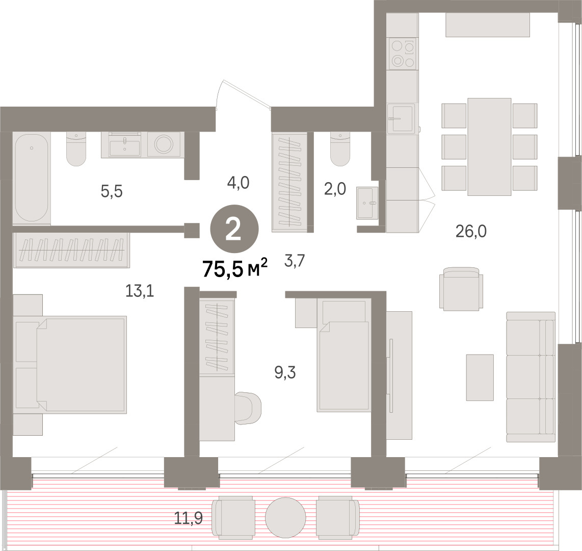 Планировка: Евротрешка 75.5 м² в ЖК Речной порт, Центр: Дом печати
