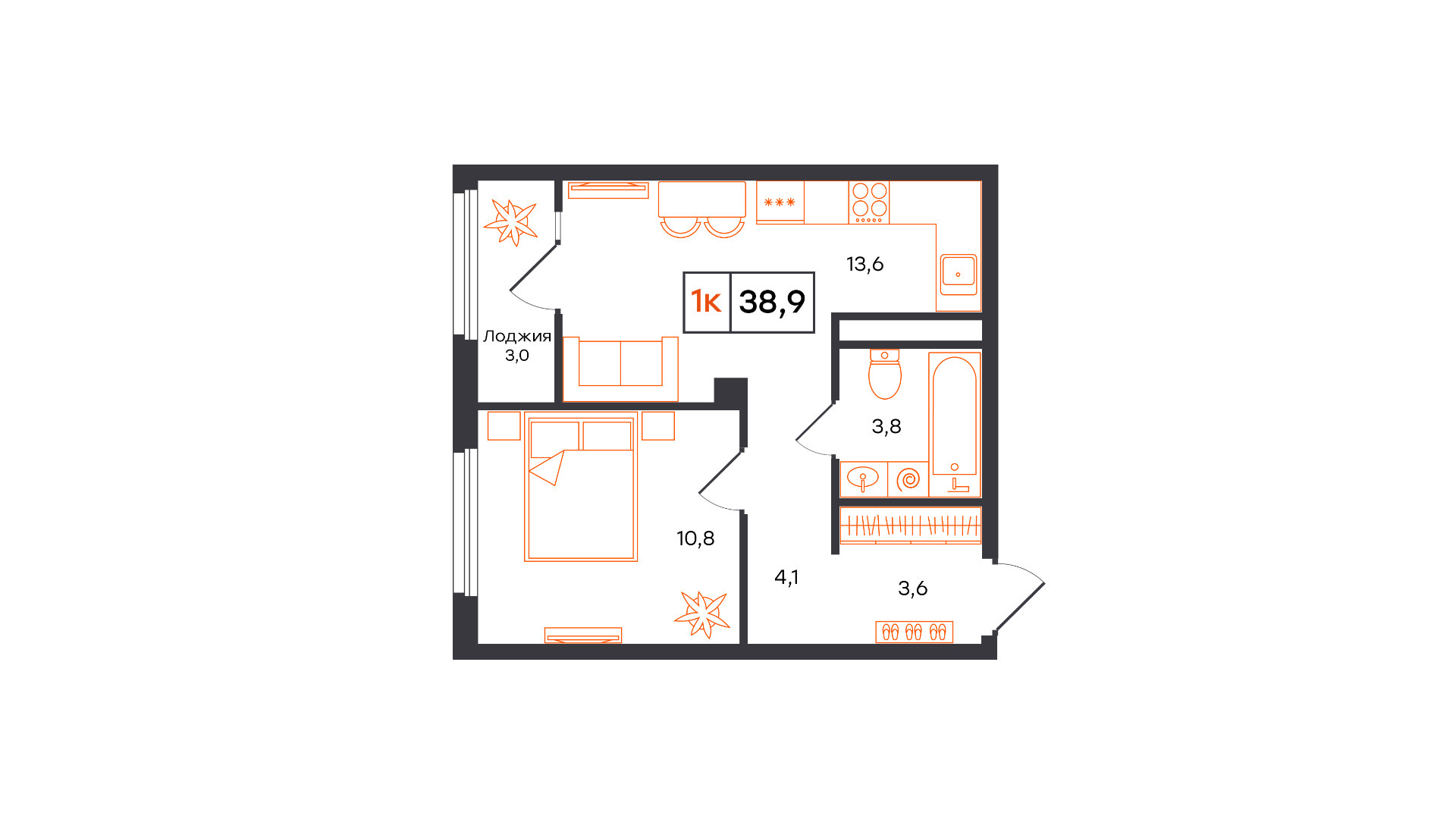 Планировка: Формат уточняется 38.9 м² в ЖК Отличие, Комарово Парк