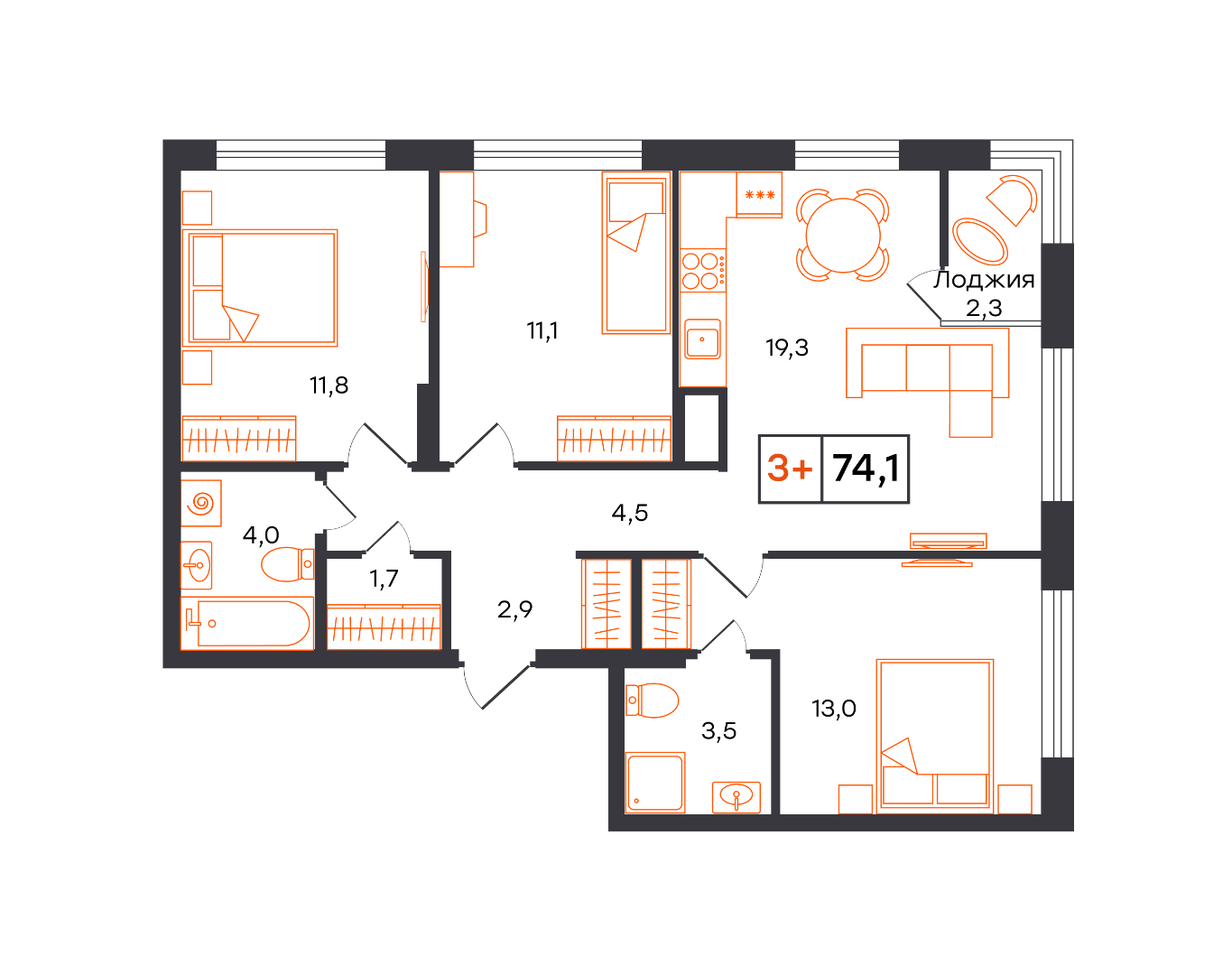 Планировка: Формат уточняется 74.1 м² в ЖК Умный квартал UNO, Московский тракт