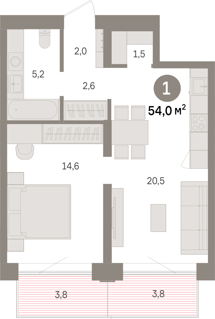 Планировка: Евродвушка 54 м² в ЖК Речной порт, Центр: Дом печати