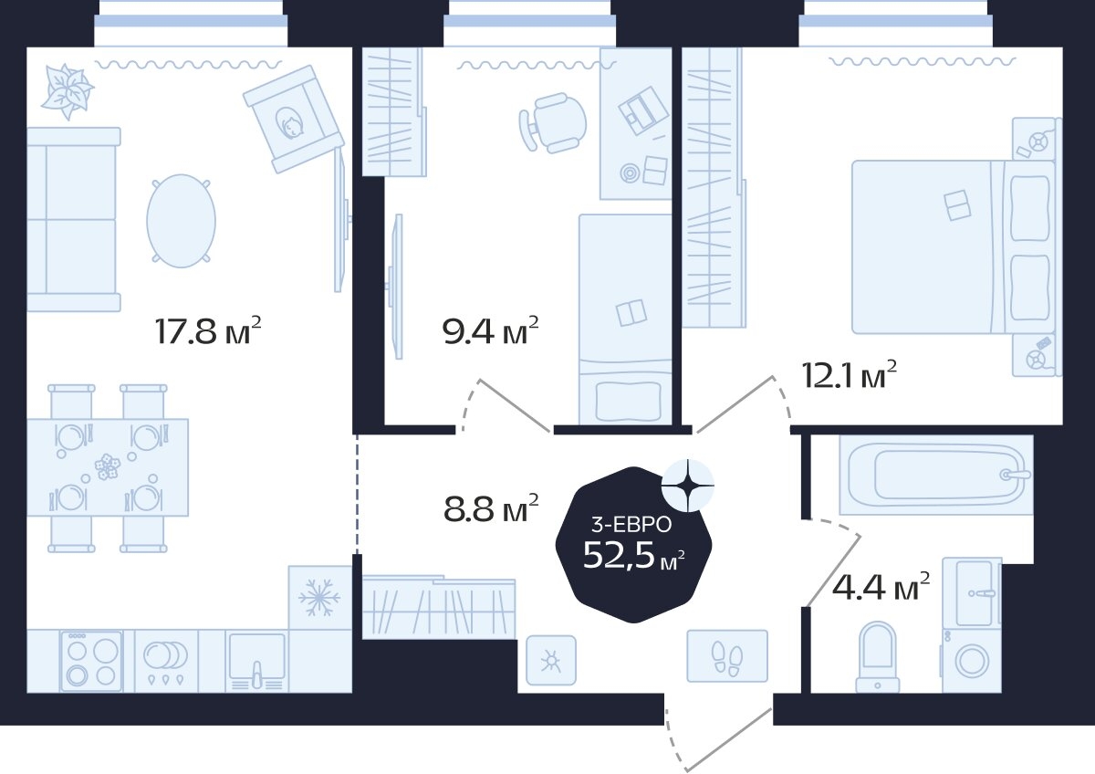 Планировка: Евротрешка 52.5 м² в ЖК Да.Квартал Централь, Центр: Дом печати
