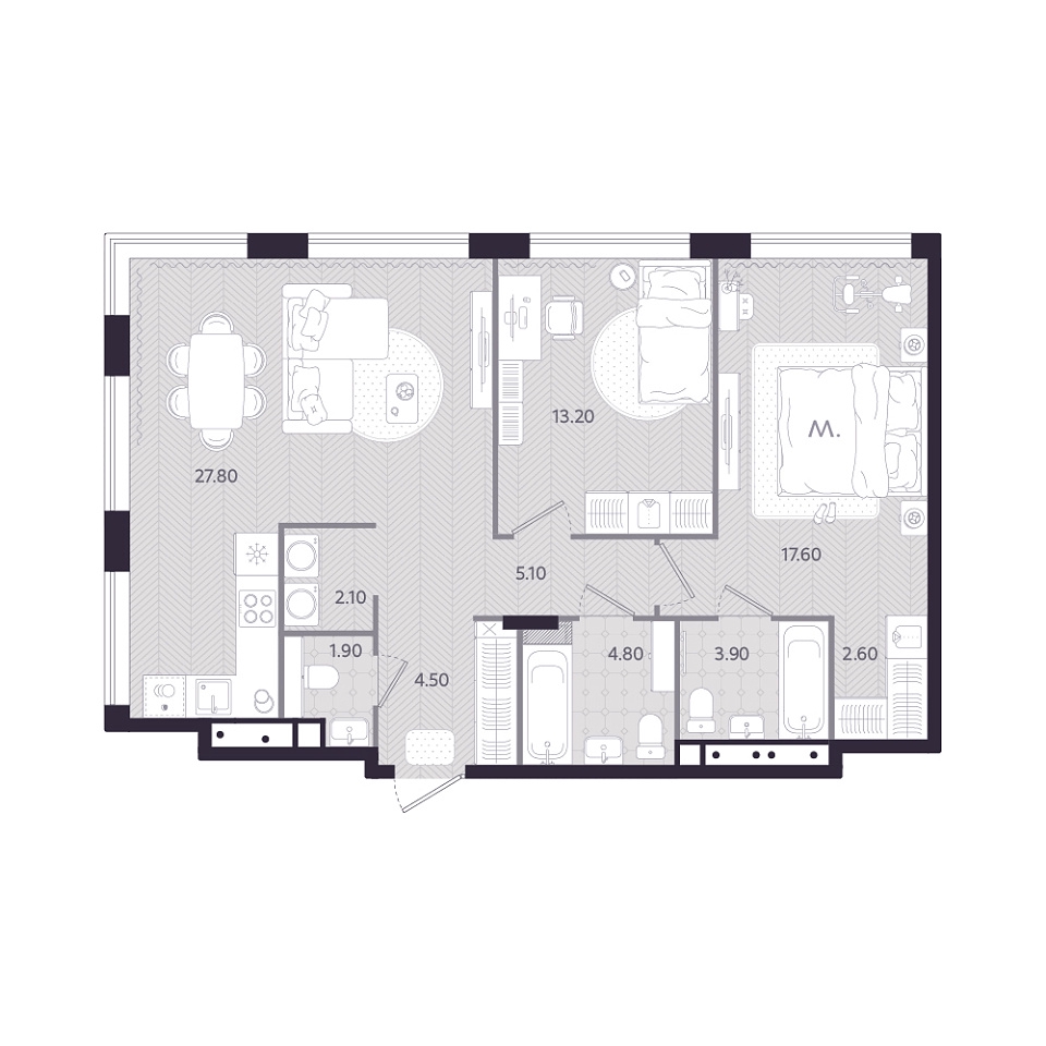 Планировка: Евротрешка 83.5 м² в ЖК Монео, Центр
