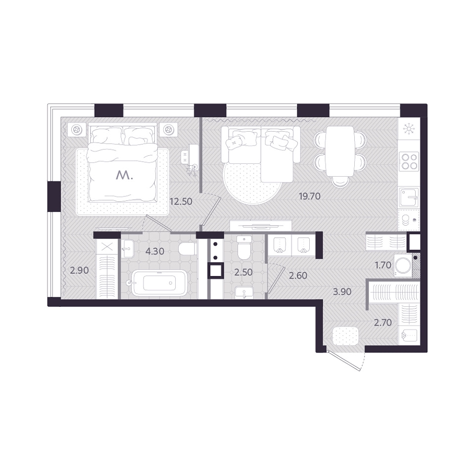 Планировка: Евродвушка 52.8 м² в ЖК Монео, Центр