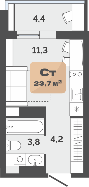 Планировка: Студия 21.5 м² в ЖК Баланс, Воровского