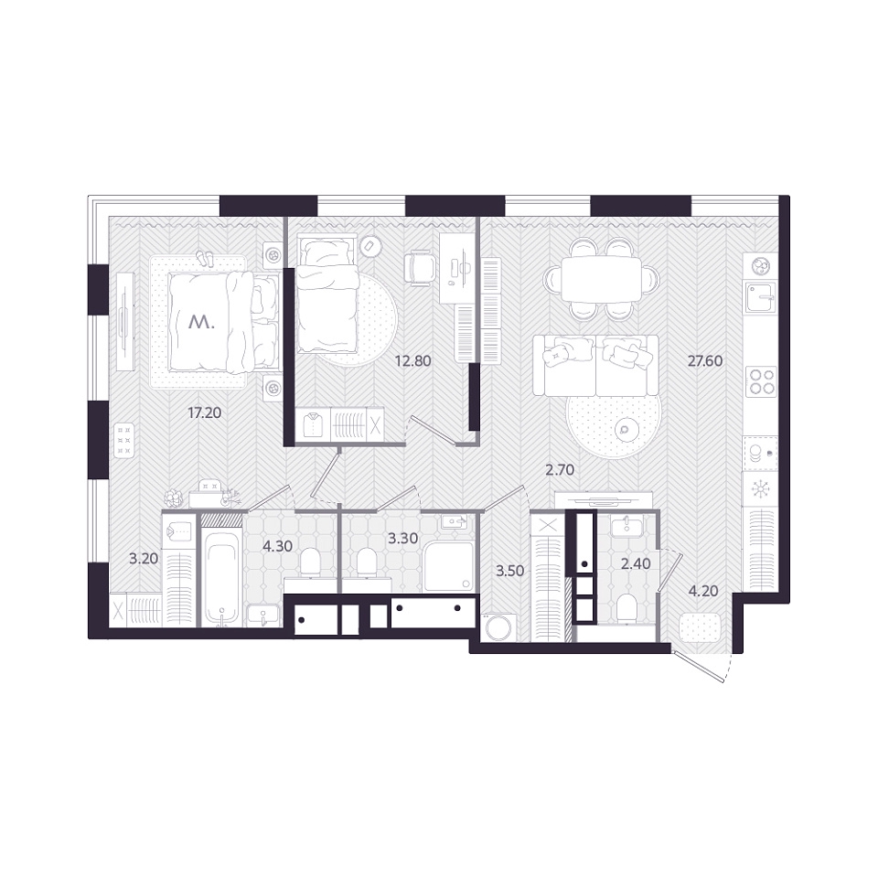 Планировка: Евротрешка 81.2 м² в ЖК Монео, Центр