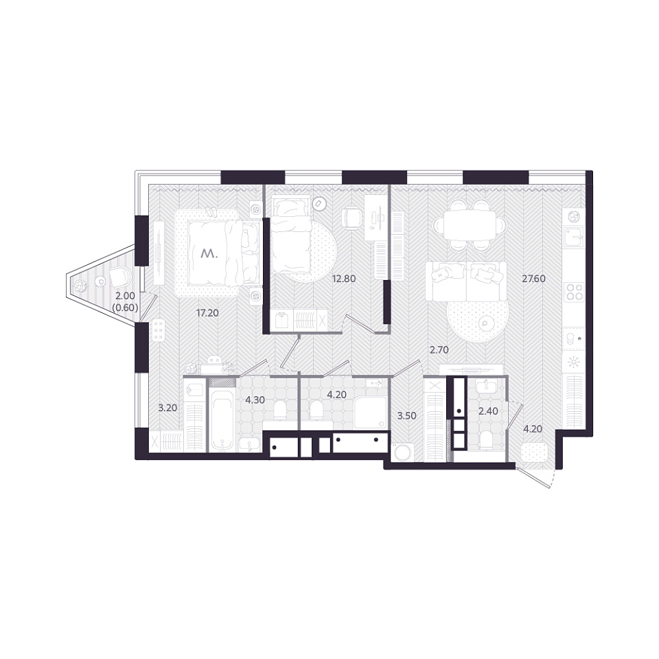 Планировка: Евротрешка 81.8 м² в ЖК Монео, Центр