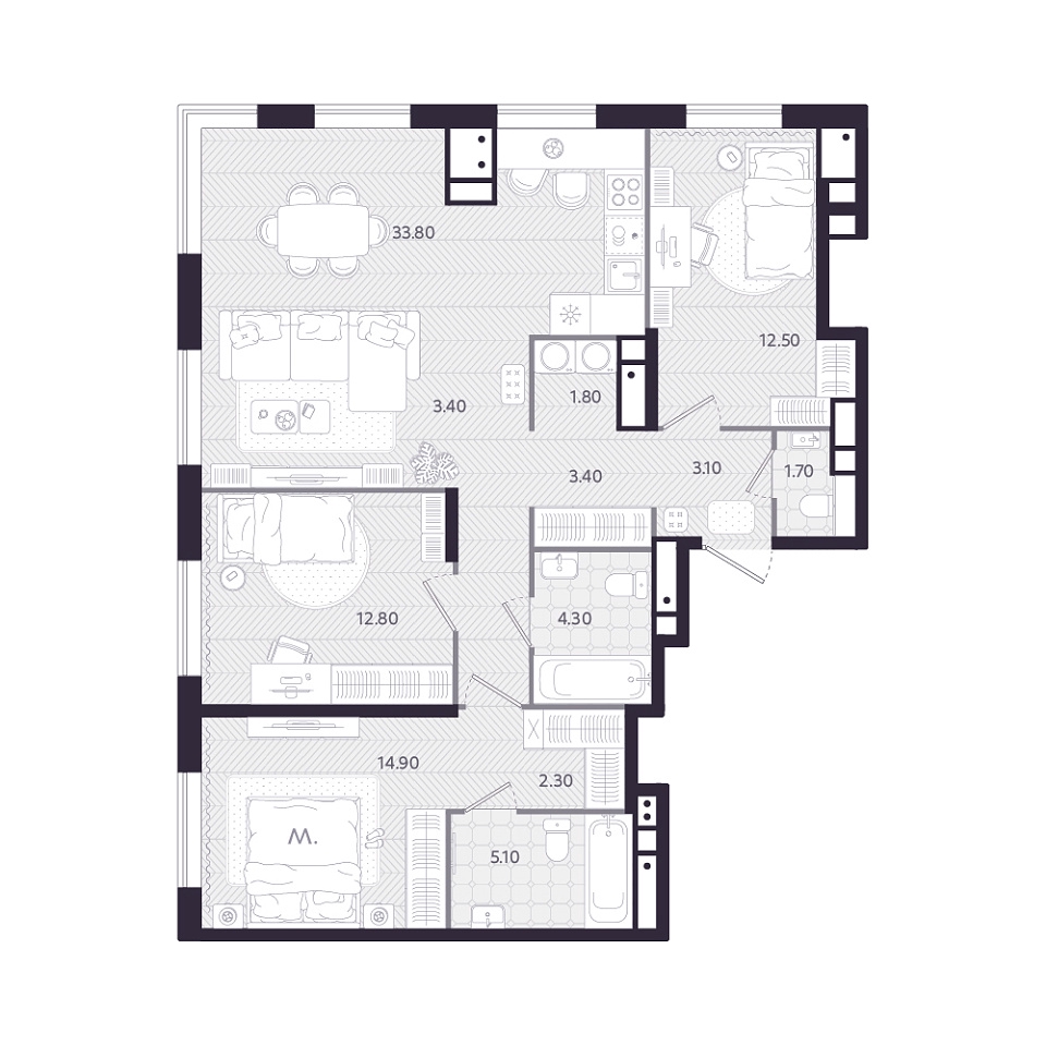 Планировка: 4-комнатная евро 99.1 м² в ЖК Монео, Центр