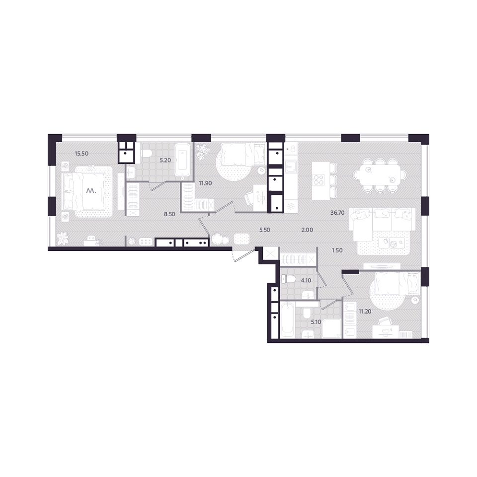 Планировка: 4-комнатная евро 105.6 м² в ЖК Монео, Центр