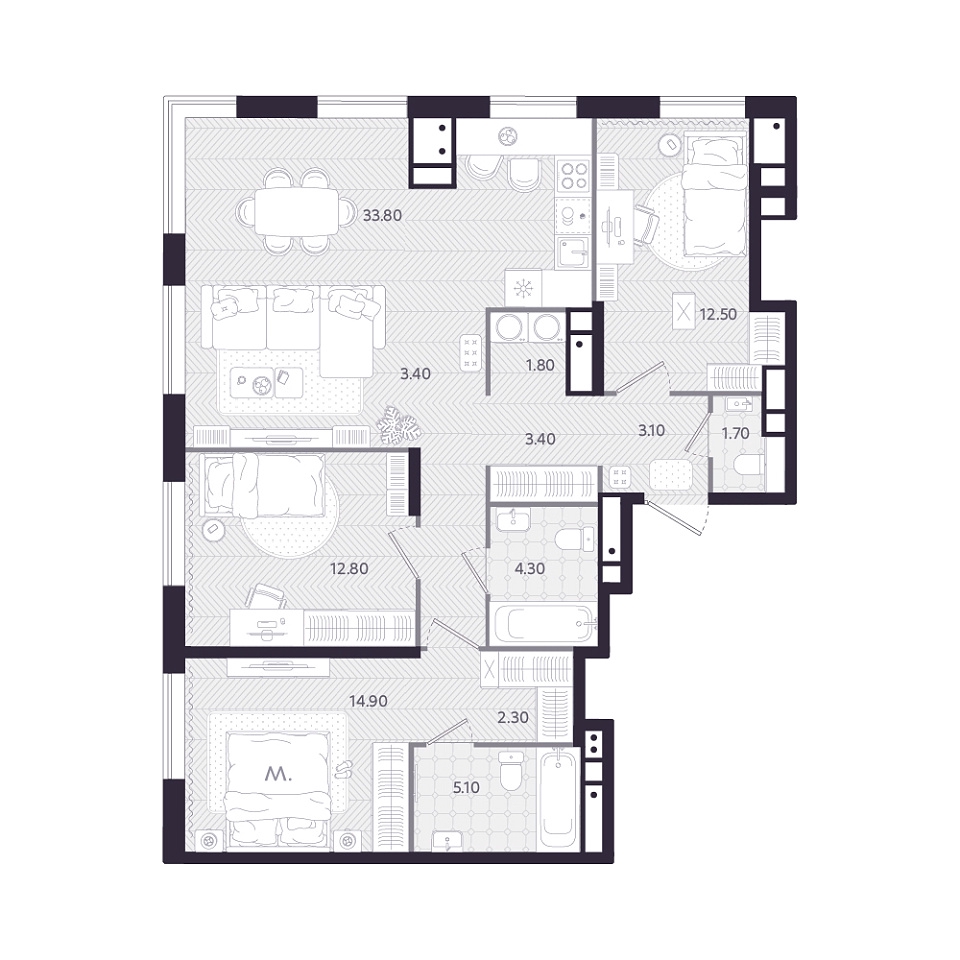 Планировка: 4-комнатная евро 99.1 м² в ЖК Монео, Центр