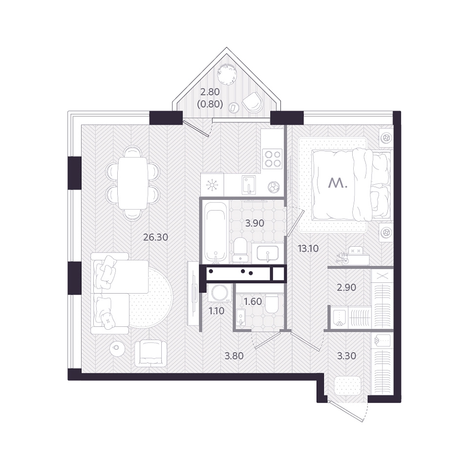 Планировка: Евродвушка 56.8 м² в ЖК Монео, Центр