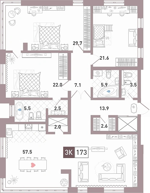 Планировка: 3-комнатная 173.8 м² в ЖК Престиж, От Ожогина до Патрушева