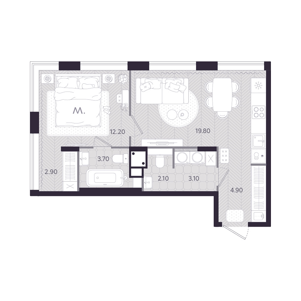 Планировка: Евродвушка 48.7 м² в ЖК Монео, Центр