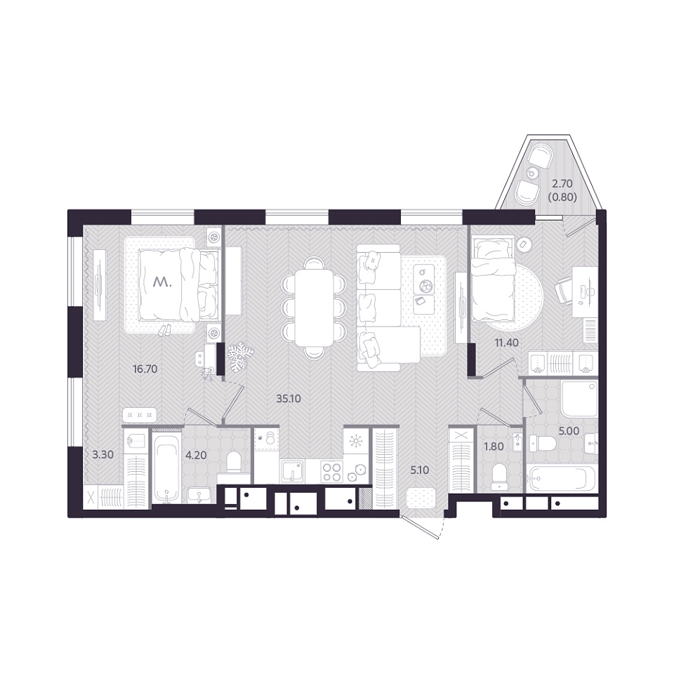 Планировка: Евротрешка 83.4 м² в ЖК Монео, Центр