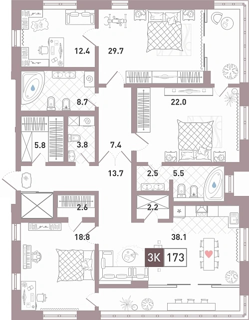 Планировка: 3-комнатная 173.2 м² в ЖК Престиж, От Ожогина до Патрушева