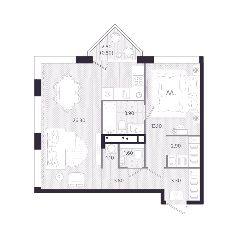 Планировка: Евродвушка 56.8 м² в ЖК Монео, Центр