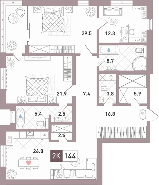 Планировка: 2-комнатная 143.3 м² в ЖК Престиж, От Ожогина до Патрушева