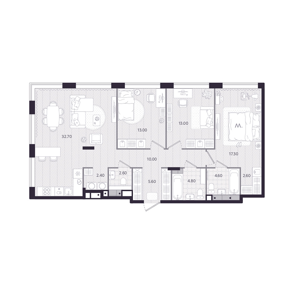 Планировка: 4-комнатная евро 108.6 м² в ЖК Монео, Центр