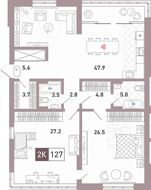 Планировка: 2-комнатная 127 м² в ЖК Престиж, От Ожогина до Патрушева