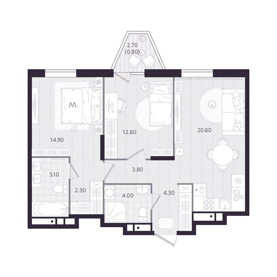 Планировка: Евротрешка 68.8 м² в ЖК Монео, Центр